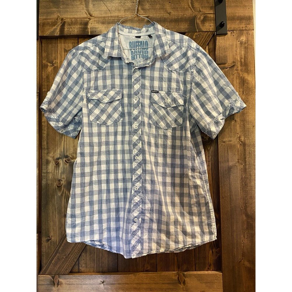 Buffalo David Bitton Mens Plaid Shirt Large Blue Short Sleeve Button Up, EUC